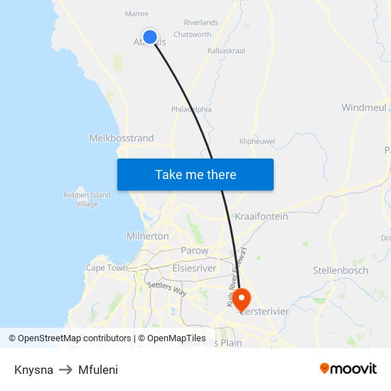 Knysna to Mfuleni map