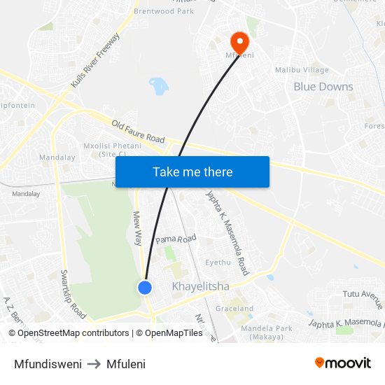 Mfundisweni to Mfuleni map