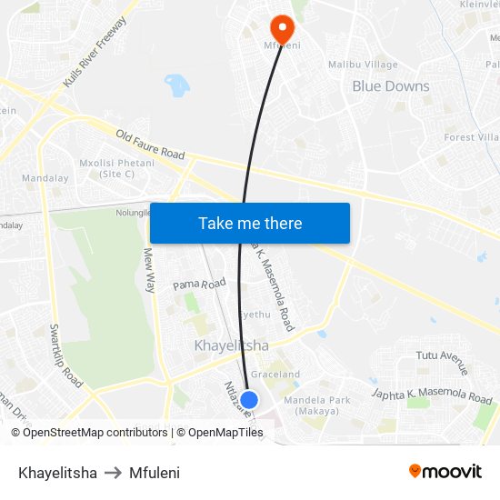 Khayelitsha to Mfuleni map