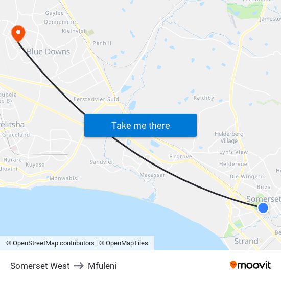 Somerset West to Mfuleni map