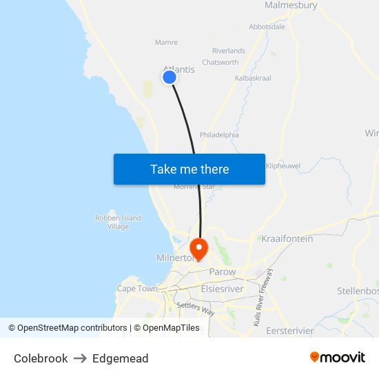 Colebrook to Edgemead map