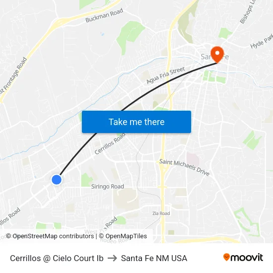 Cerrillos @ Cielo Court Ib to Santa Fe NM USA map