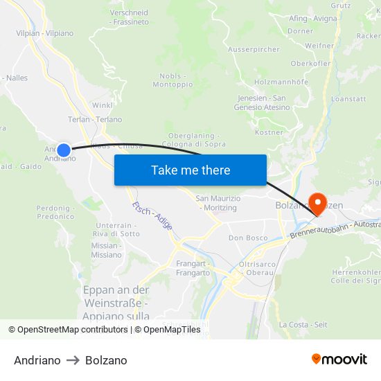 Andriano to Bolzano map