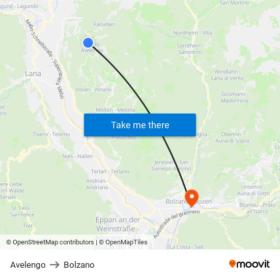 Avelengo to Bolzano map