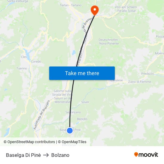 Baselga Di Pinè to Bolzano map