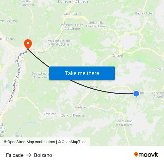 Falcade to Bolzano map