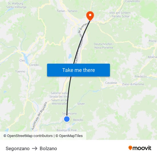 Segonzano to Bolzano map