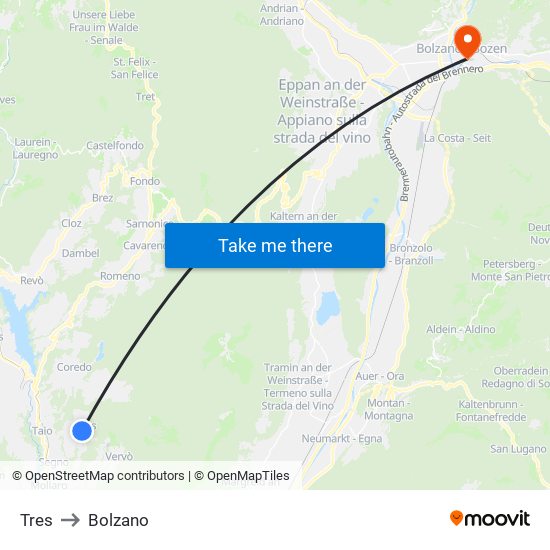 Tres to Bolzano map