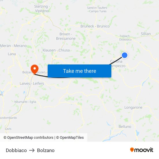 Dobbiaco to Bolzano map