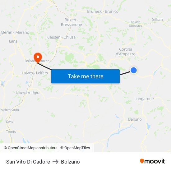 San Vito Di Cadore to Bolzano map