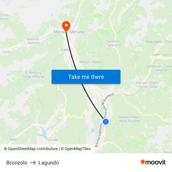 Bronzolo to Lagundo map
