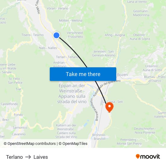 Terlano to Laives map