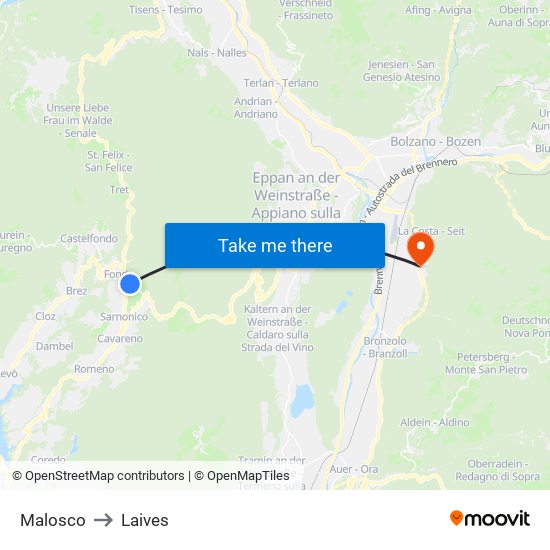 Malosco to Laives map