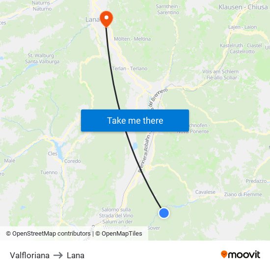Valfloriana to Lana map