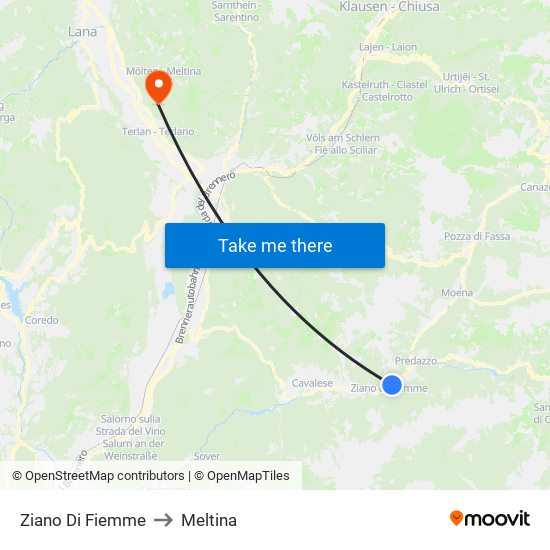 Ziano Di Fiemme to Meltina map