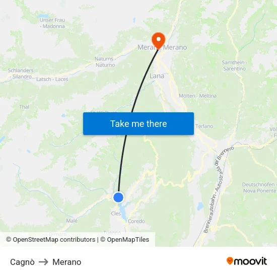 Cagnò to Merano map