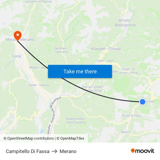 Campitello Di Fassa to Merano map