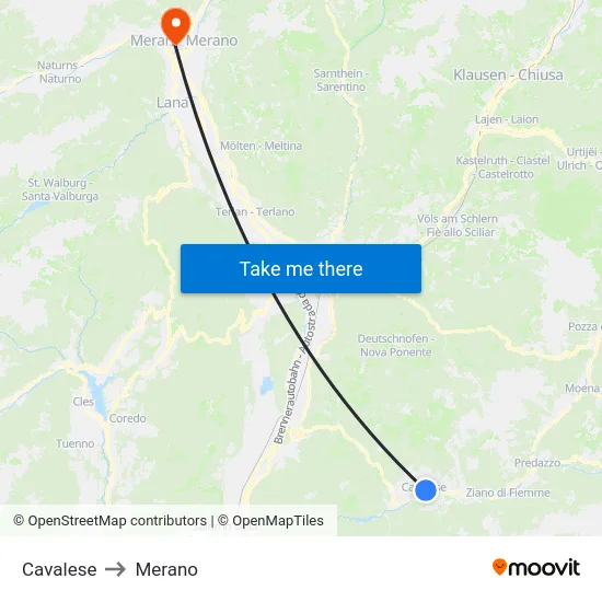 Cavalese to Merano map