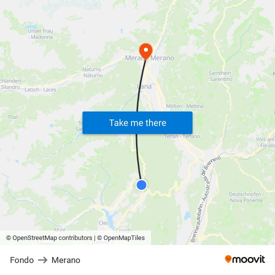 Fondo to Merano map