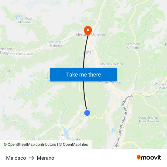 Malosco to Merano map