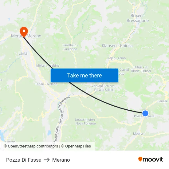 Pozza Di Fassa to Merano map