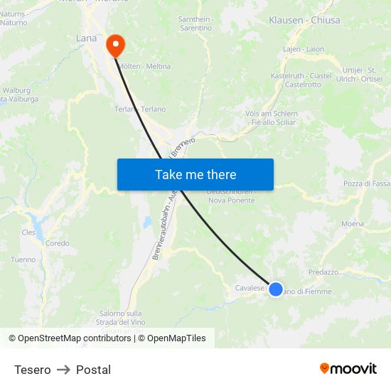 Tesero to Postal map