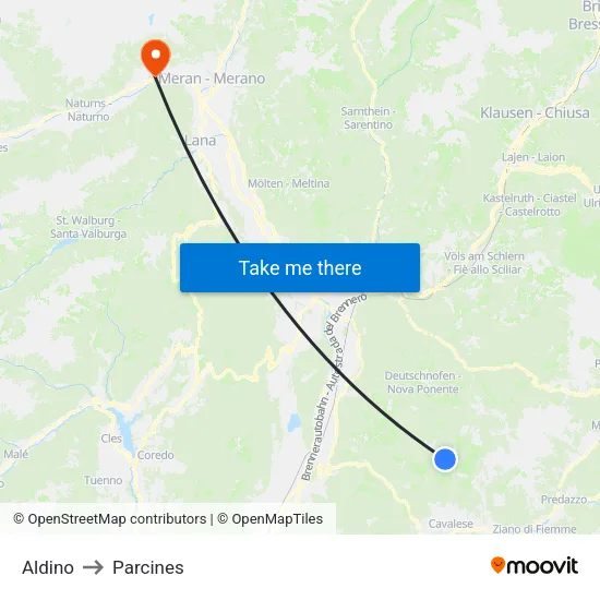 Aldino to Parcines map