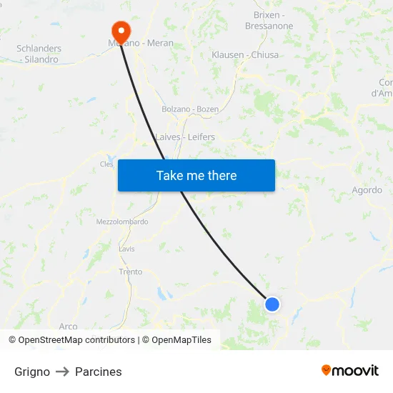 Grigno to Parcines map