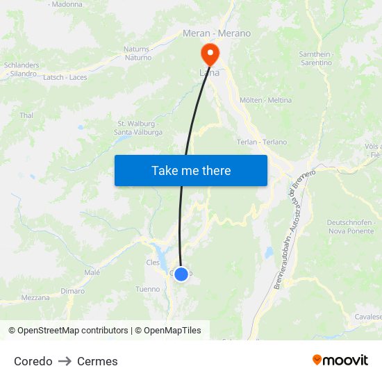 Coredo to Cermes map
