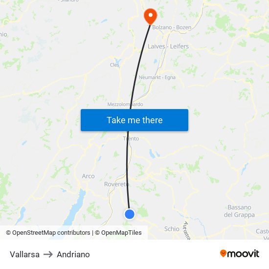 Vallarsa to Andriano map