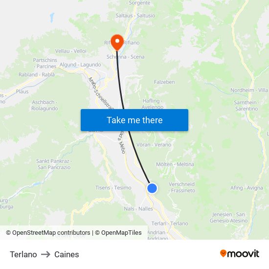 Terlano to Caines map