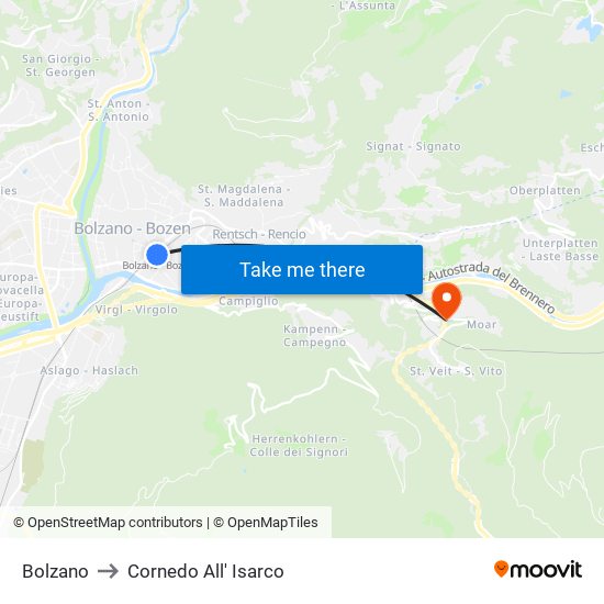 Bolzano to Cornedo All' Isarco map