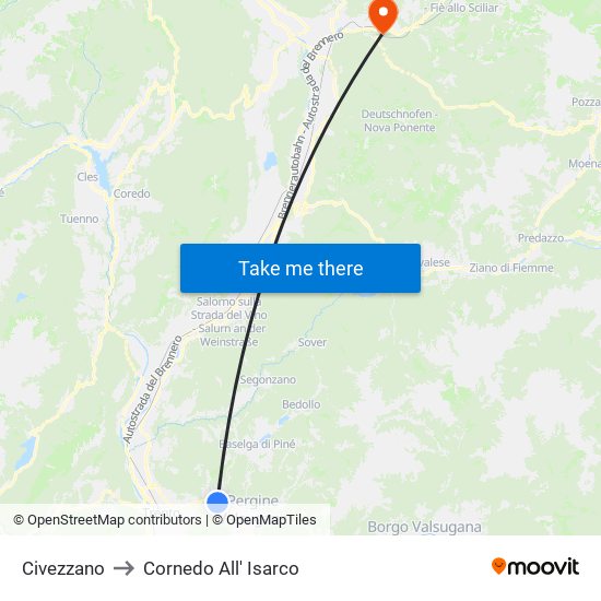 Civezzano to Cornedo All' Isarco map