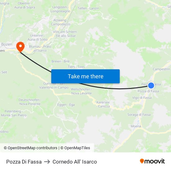 Pozza Di Fassa to Cornedo All' Isarco map