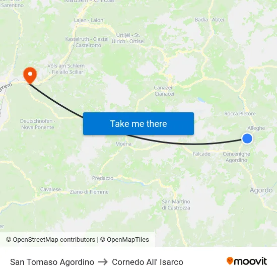 San Tomaso Agordino to Cornedo all'Isarco map