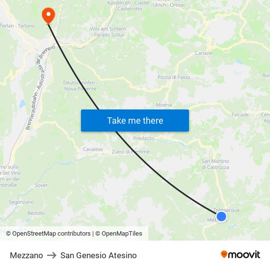 Mezzano to San Genesio Atesino map