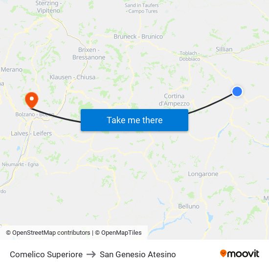 Comelico Superiore to San Genesio Atesino map