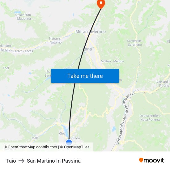 Taio to San Martino In Passiria map