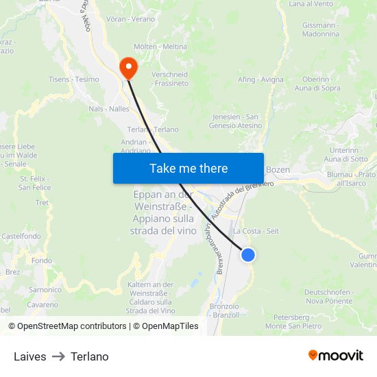 Laives to Terlano map