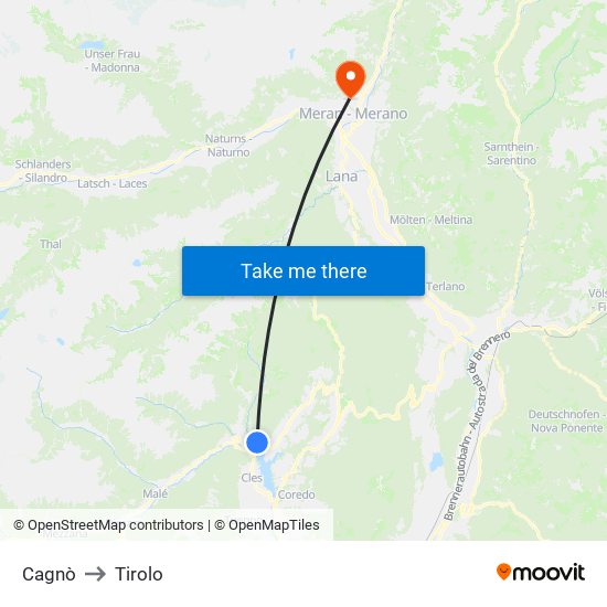 Cagnò to Tirolo map