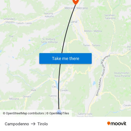 Campodenno to Tirolo map