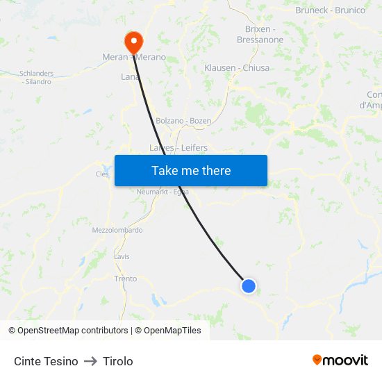 Cinte Tesino to Tirolo map