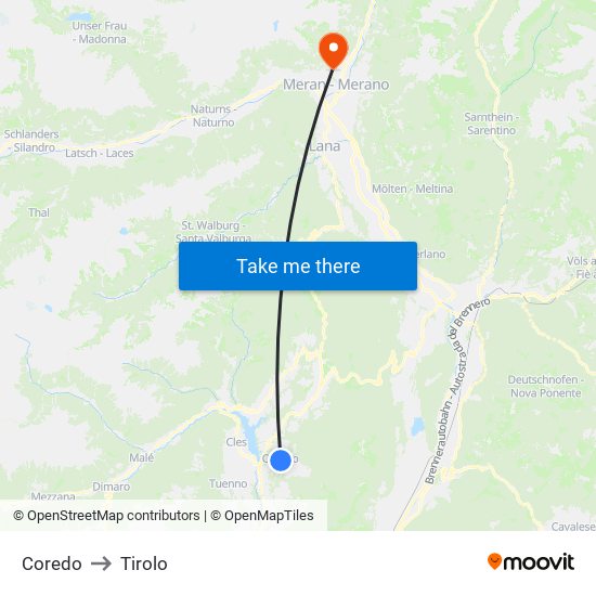 Coredo to Tirolo map