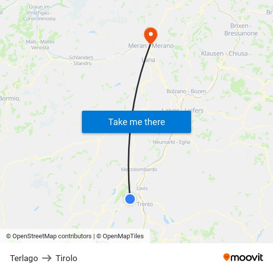 Terlago to Tirolo map
