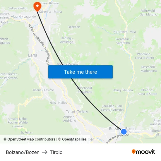 Bolzano/Bozen to Tirolo map