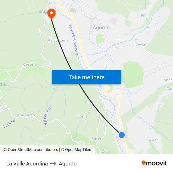 La Valle Agordina to Agordo map