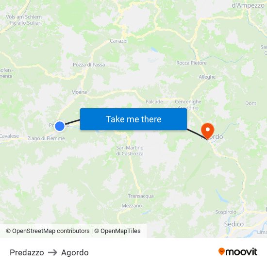 Predazzo to Agordo map