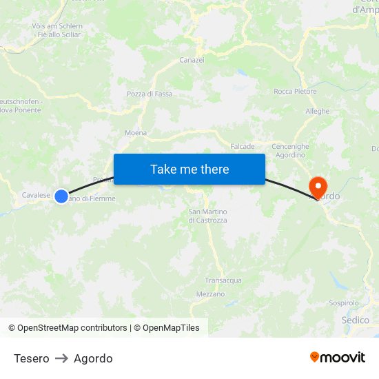 Tesero to Agordo map