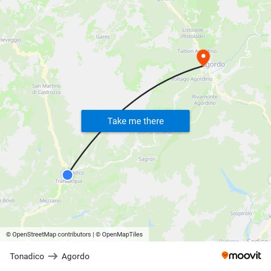 Tonadico to Agordo map