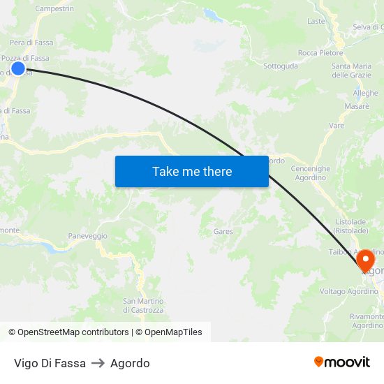 Vigo Di Fassa to Agordo map